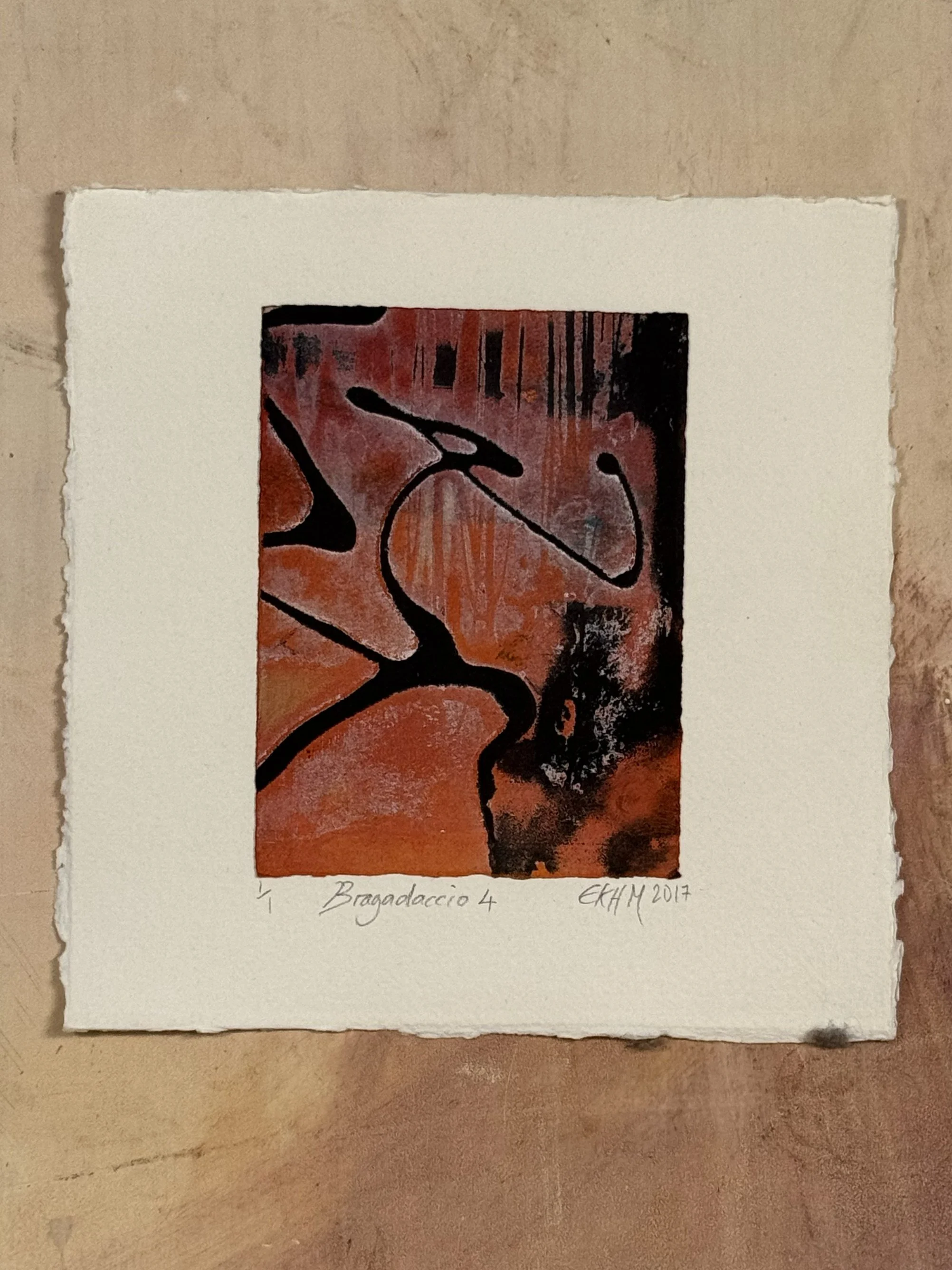 Bragadaccio 4, by Artist Noonie Minogue, an etching and monoprint using chine collé with beautiful orange shades.