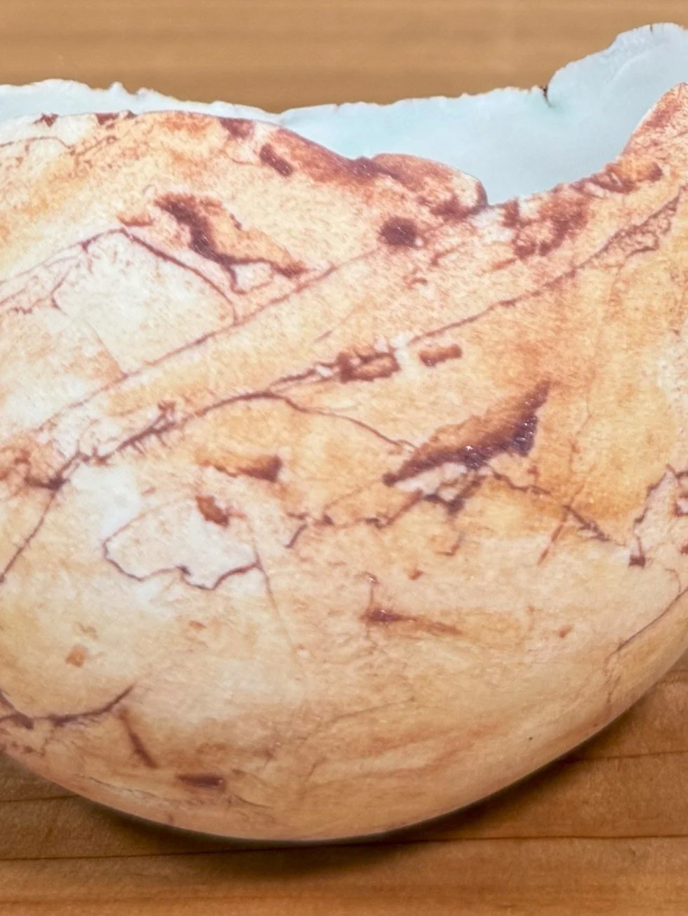 Close-up of small eggshell bowl by ceramic Artist Nupur Narain DeTar, with clear glaze on the inside and iron oxide outside.