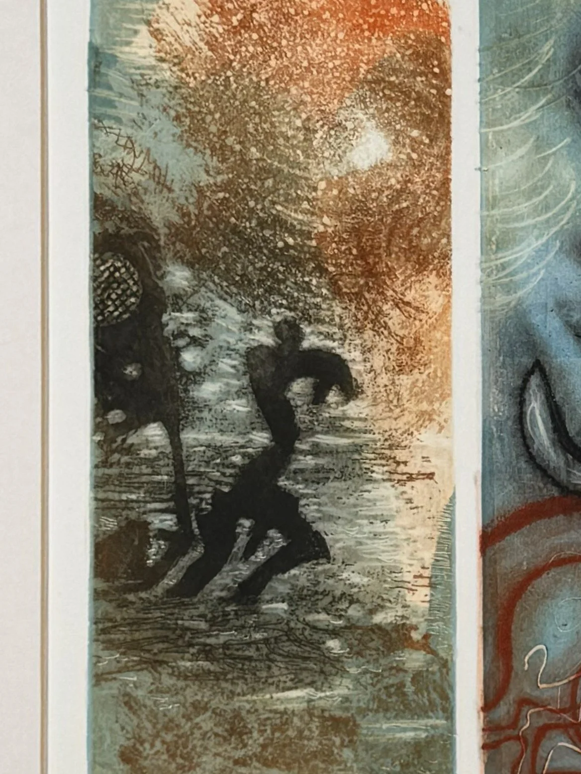 Close up of Nostos by Artist Noonie Minogue, a four-plate etching and monoprint evoking a hero's homeward journey by sea.