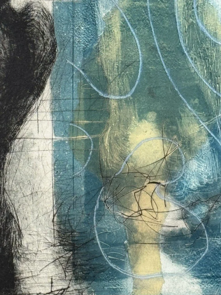 Closeup view of The Skeptic by Noonie Minogue, a stunning multiplate dry point mono print with chine collé technique.