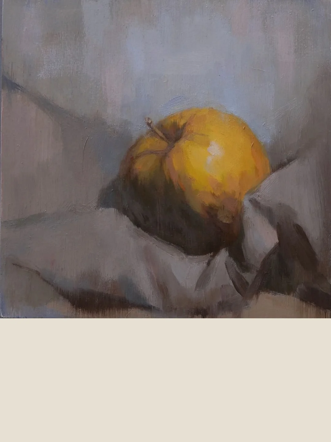 Apple On A Napkin, an original oil painting by Artist Bran Sivas, painted on cradled board using muted blue hues.