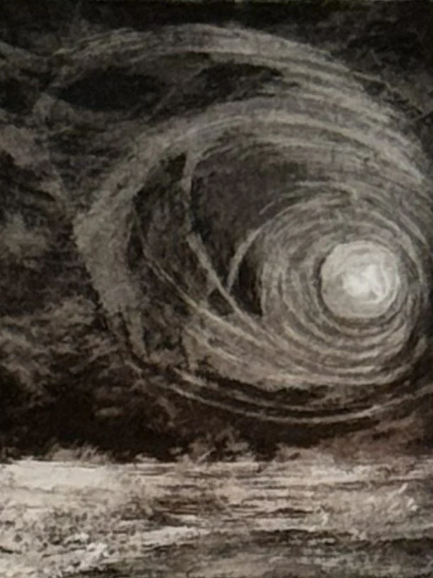 Close-up of the moon in Brise Marine 6/8 by Artist Noonie Minogue, an etching in black and white with a mystical atmosphere.