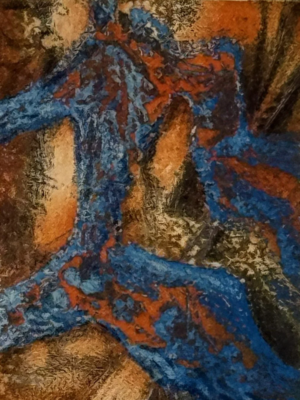 Leaper 3/50, by Artist Noonie Minogue, closeup view of the small vivid print using etching drypoint techniques.