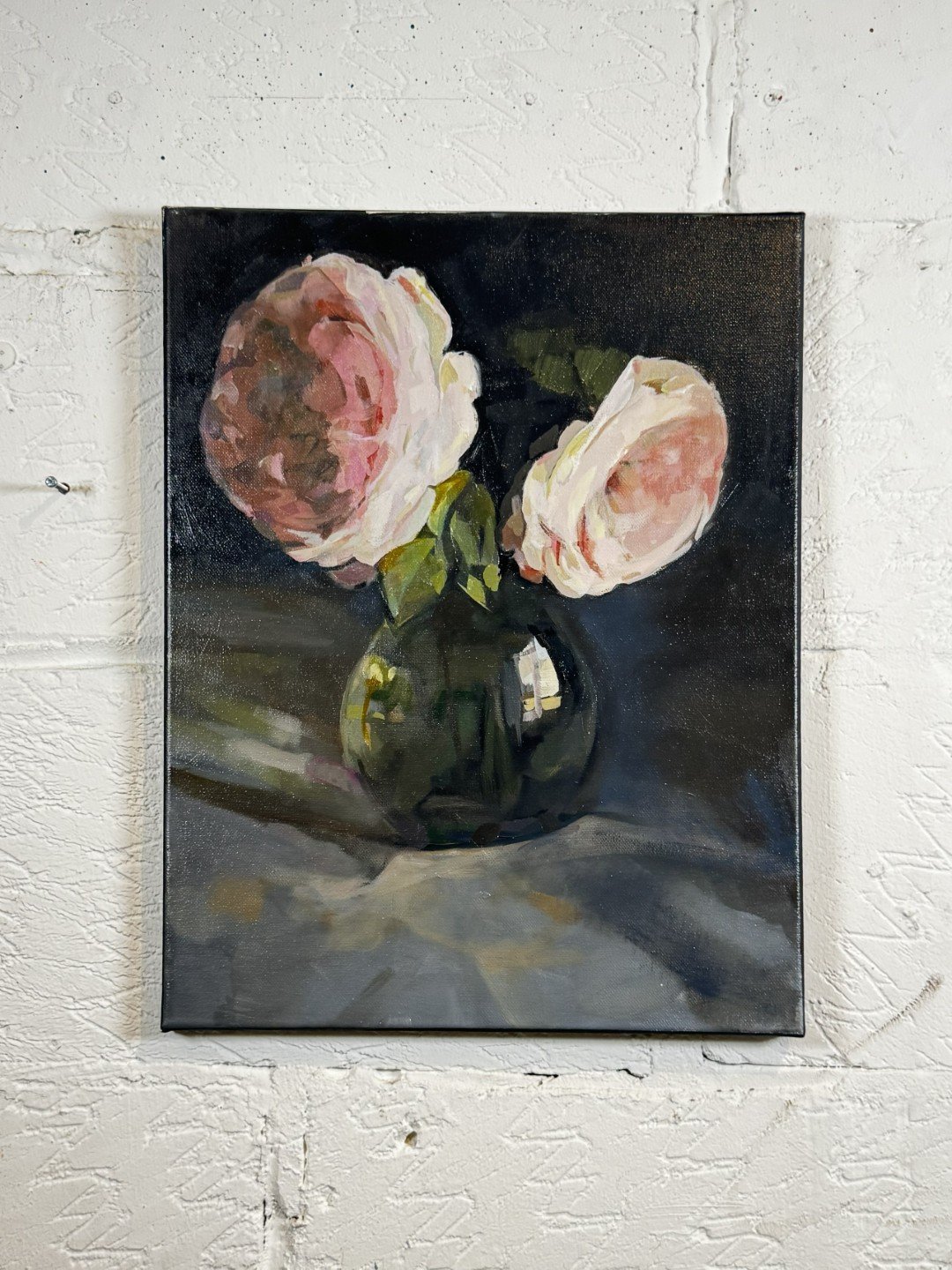 Original oil on canvas painting "Rose" by artist Larissa Hollis, offering a simple, peaceful floral moment of escape.