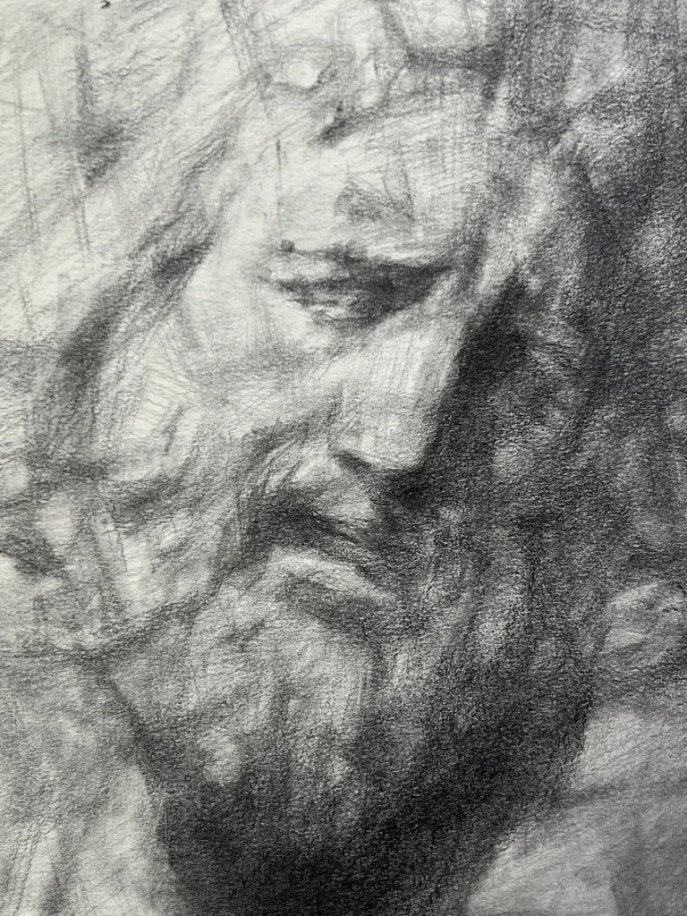 Close-up view of Laocoon Sculpture Study, an original drawing by Artist Bran Sivas, using graphite and charcoal on paper.