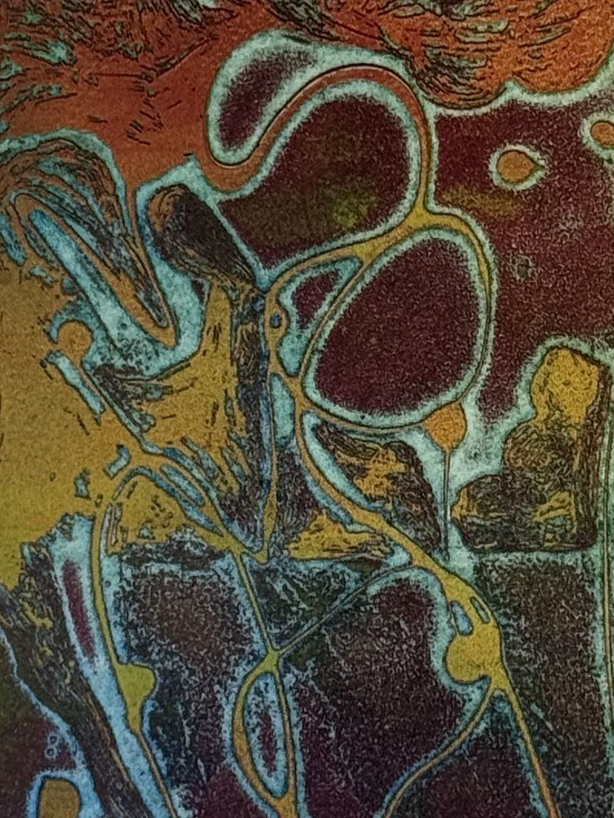 Phlegethon 2/30 by Artist Noonie Minogue, closeup view of the viscosity etching, illustrating the river of fire.