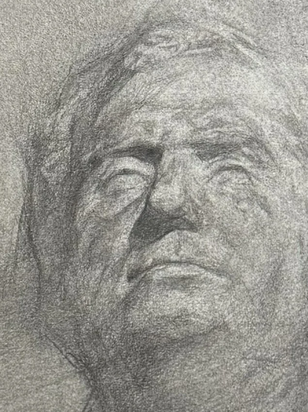 Closeup of Cast Study (2), an original drawing by Artist Bran Sivas, using graphite and charcoal on paper.
