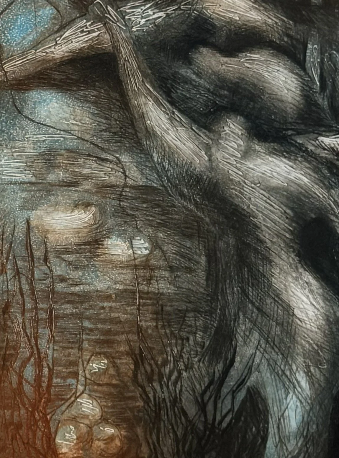 Stygia Palus 1/4 monoprint by Noonie Minogue, closeup view of the right panel of the diptych of the Stygian marsh.