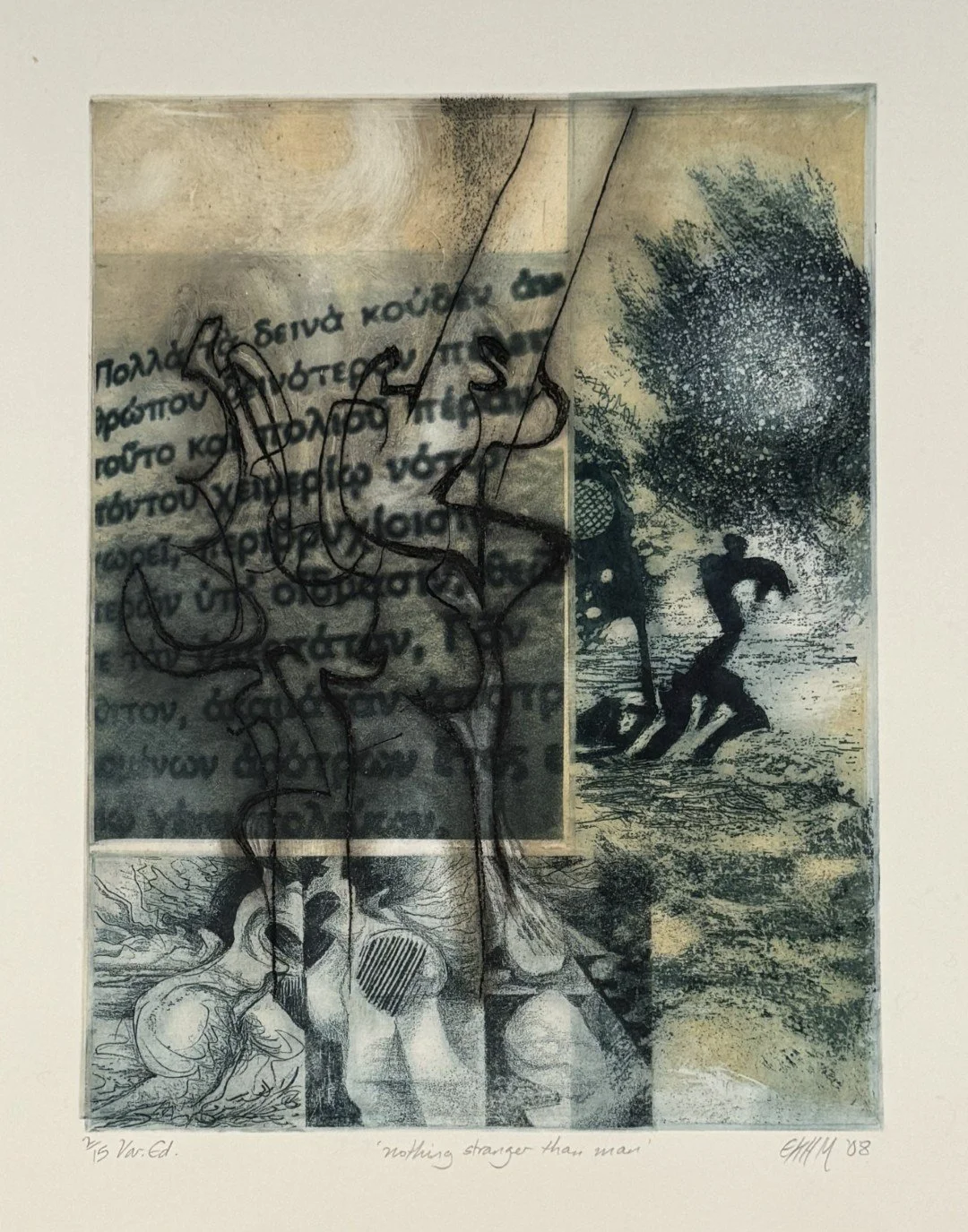 Nothing stranger than man 2/15 by Artist Noonie Minogue, a monoprint illustrating the chorus from Sophocles' Antigone.