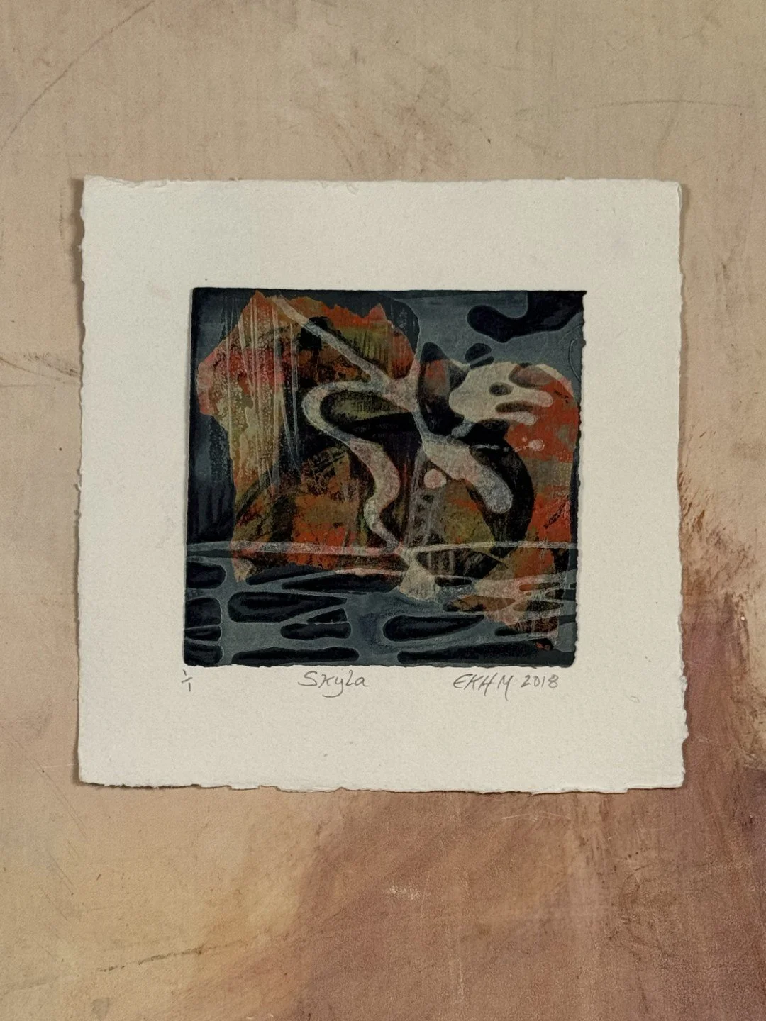 Zoomed out view of Skylla by Artist Noonie Minogue, a small colourful etching representing the sea monster of the Odyssey.