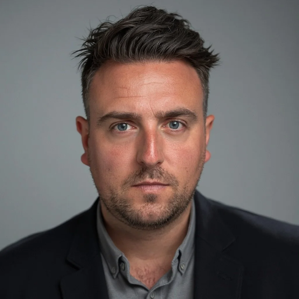 Close-up portrait of a man with short dark hair, blue eyes, wearing a dark blazer and gray shirt, against a gray background.