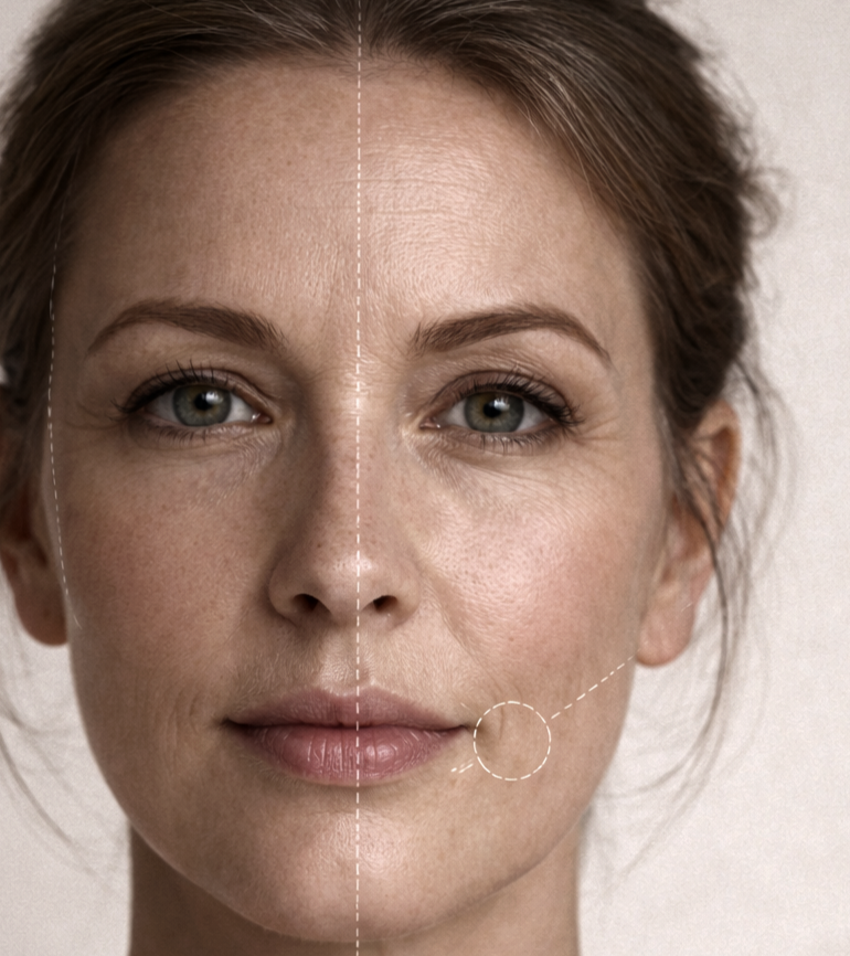Retrato de una mujer con la mitad del rostro mostrando signos de envejecimiento y la otra mitad con piel más joven y lisa, indicando un proceso de rejuvenecimiento facial.