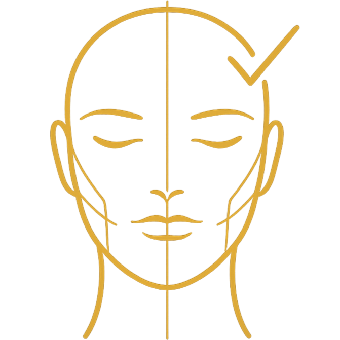 Ilustración de un rostro humano con líneas doradas, mostrando un rostro relajado. Un marca de verificación en la zona superior derecha.