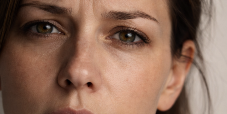 Primer plano de los ojos y rostro de una mujer joven con expresión neutral.