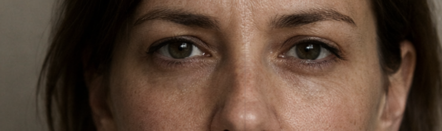 Primer plano de los ojos y la mitad superior de la cara de una mujer con piel clara y cabello castaño oscuro