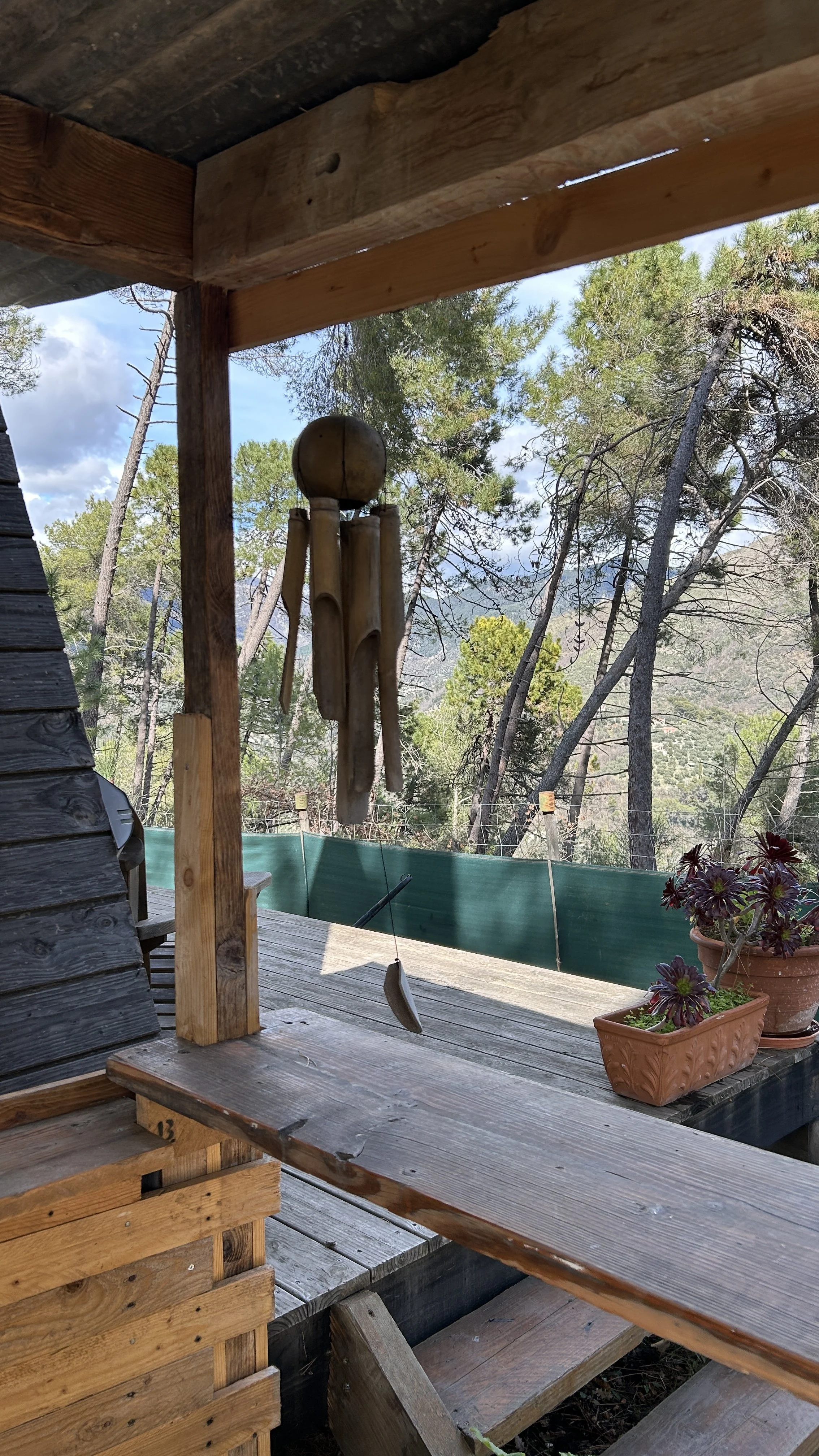 Carillons en bois suspendues, plantes en pot,  vue vers la forêt et les montagnes.