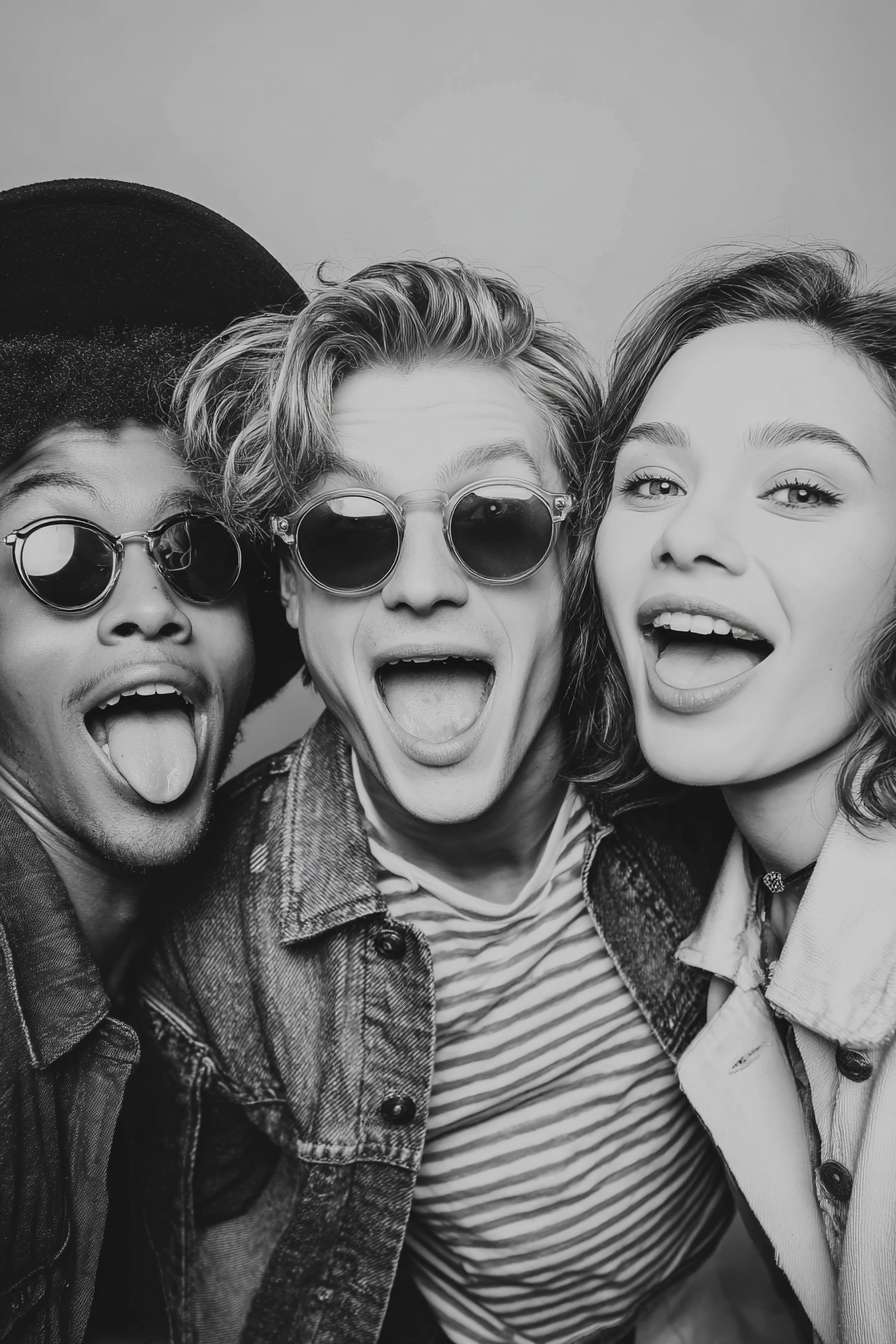 Tri mladi pratele se foti spolu pred fotobudkou, vsichni se usmivaji nebo delaji vesele vyrazy, maji lezerni obleceni a slunecni bryle.