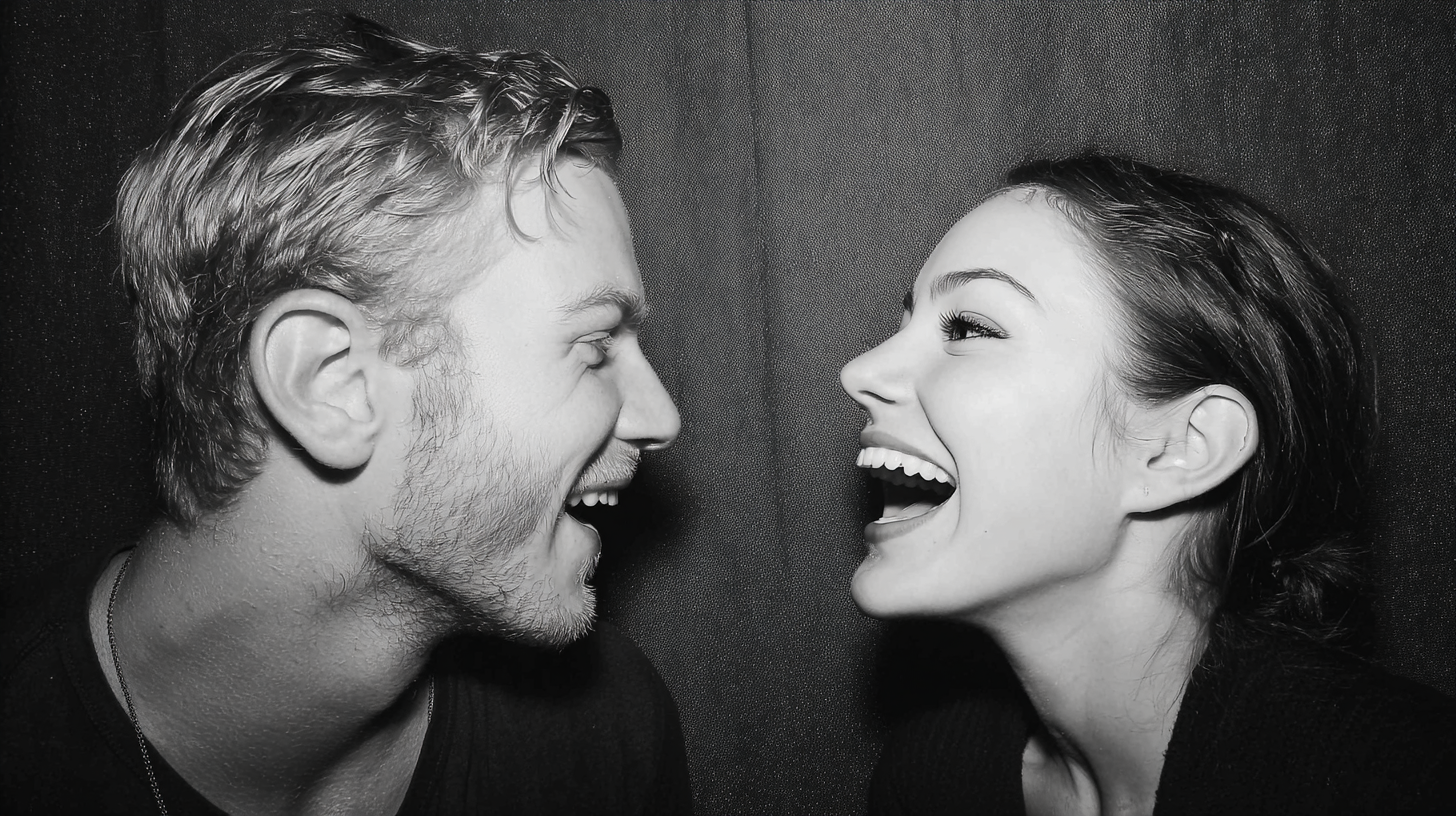 Dva lide, muz a zena, jsou otoceni tvari k sobe a usmivaji se nebo smeji na cernobile detailni fotografii.
