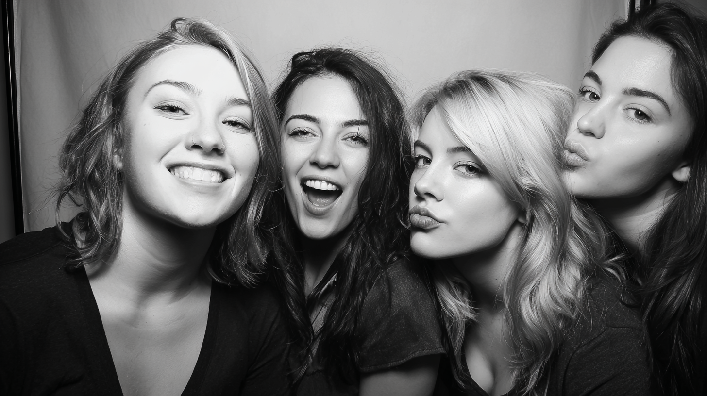 Ctyri zeny s ruznymi ucesy a vyrazy pozuji na fotku pred jednolitym pozadim.