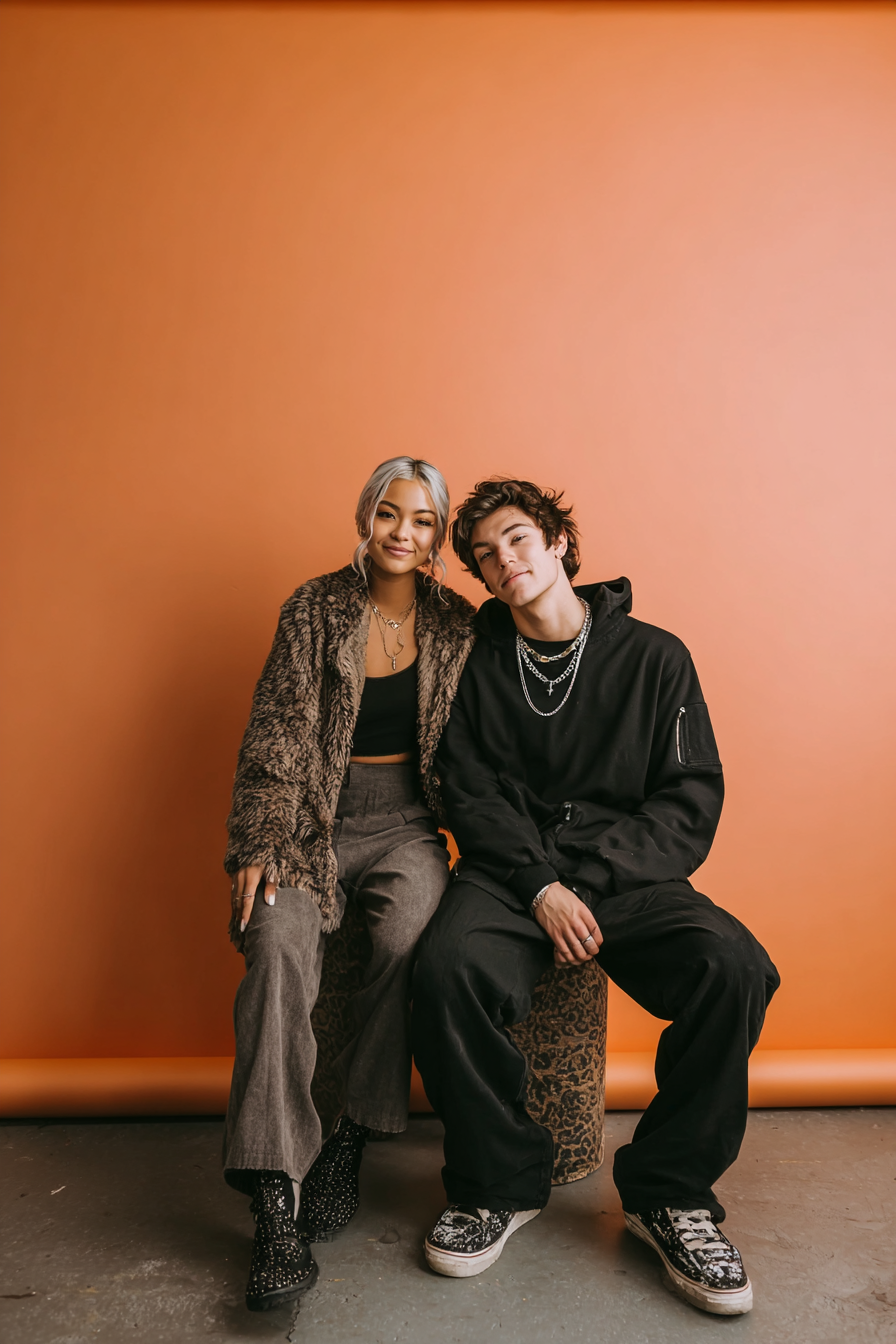 Mlada zena a mlady muz sedi spolu pred oranzovym pozadim. Zena ma platinove blond vlasy, liceni, a ma na sobe kozisek, cerny top, sede kalhoty a trpytive cerne boty. Oba se foti ve fotobudce.