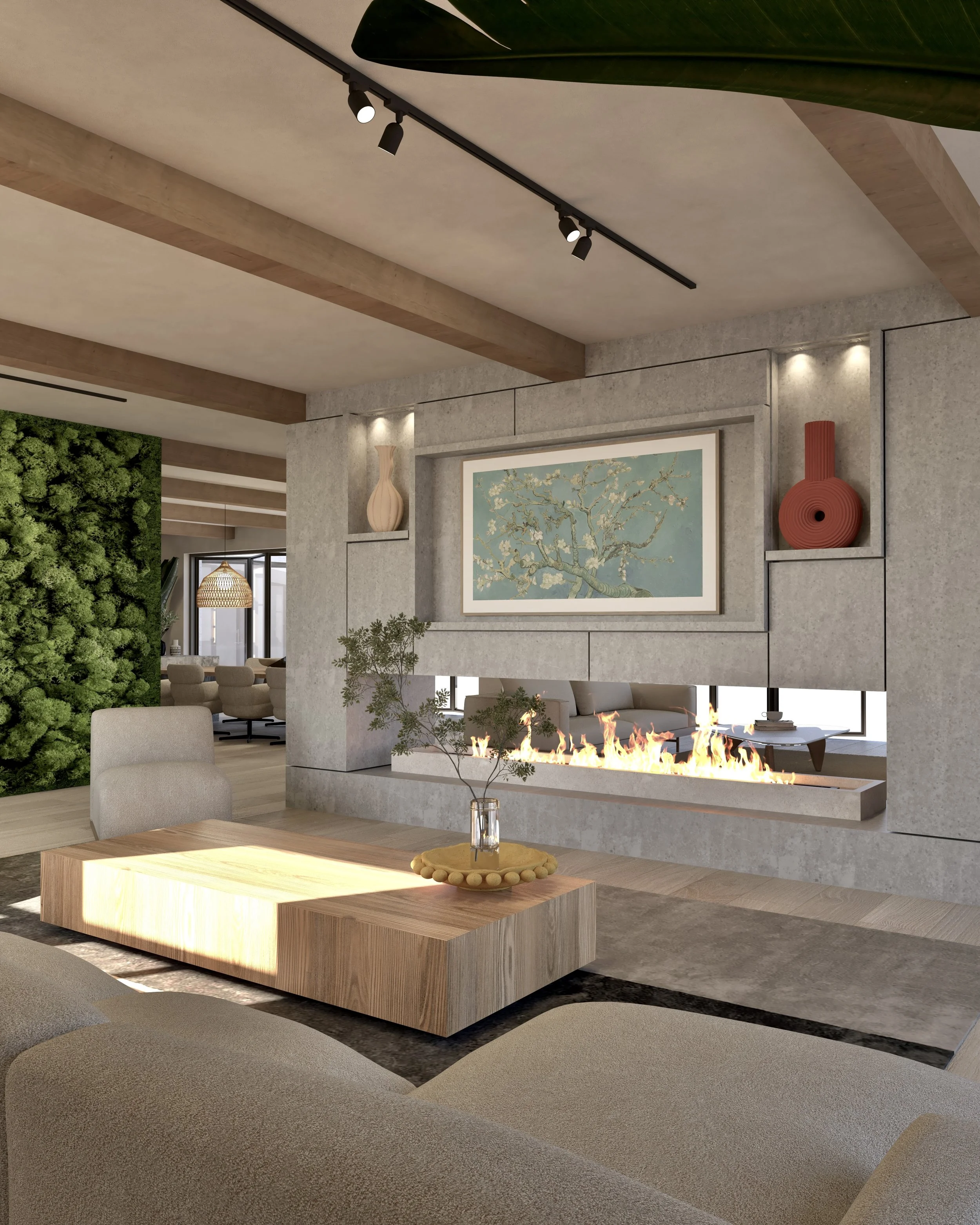 Moderne woonkamer met open haard, bank, salontafel, doos met takje, kunstwerk, decoratieve vazen, groene muur, en gezellige verlichting.