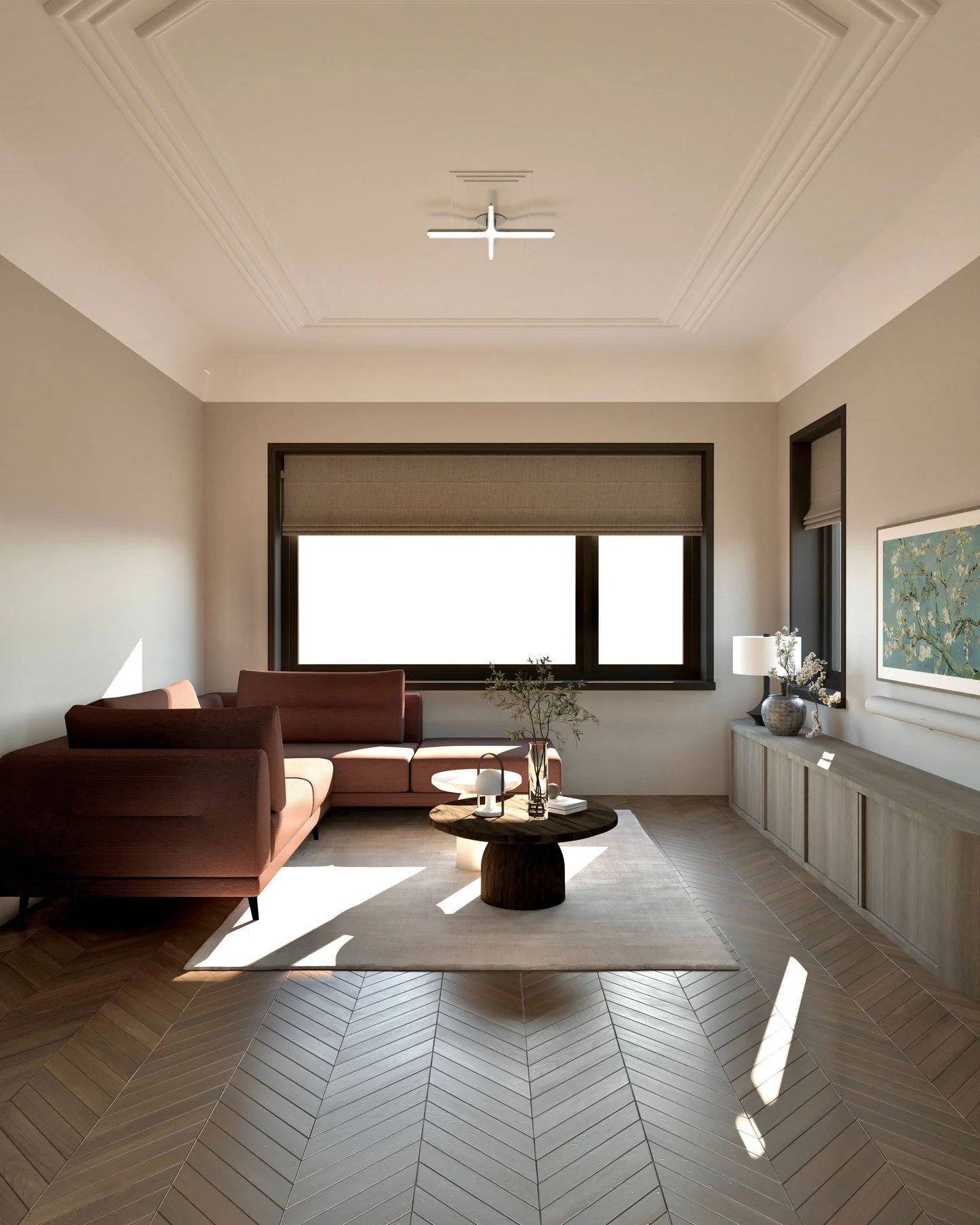 Rust, stijl en een vleugje lef. Precies zoals we het voor ogen hadden. 

In de woonkamer kozen we voor kalmte. Een serene ruimte met zachte lijnen, aardse kleuren en een warme lichtinval. 

Maar vergis je niet &mdash; deze rust is bewust gekozen om r