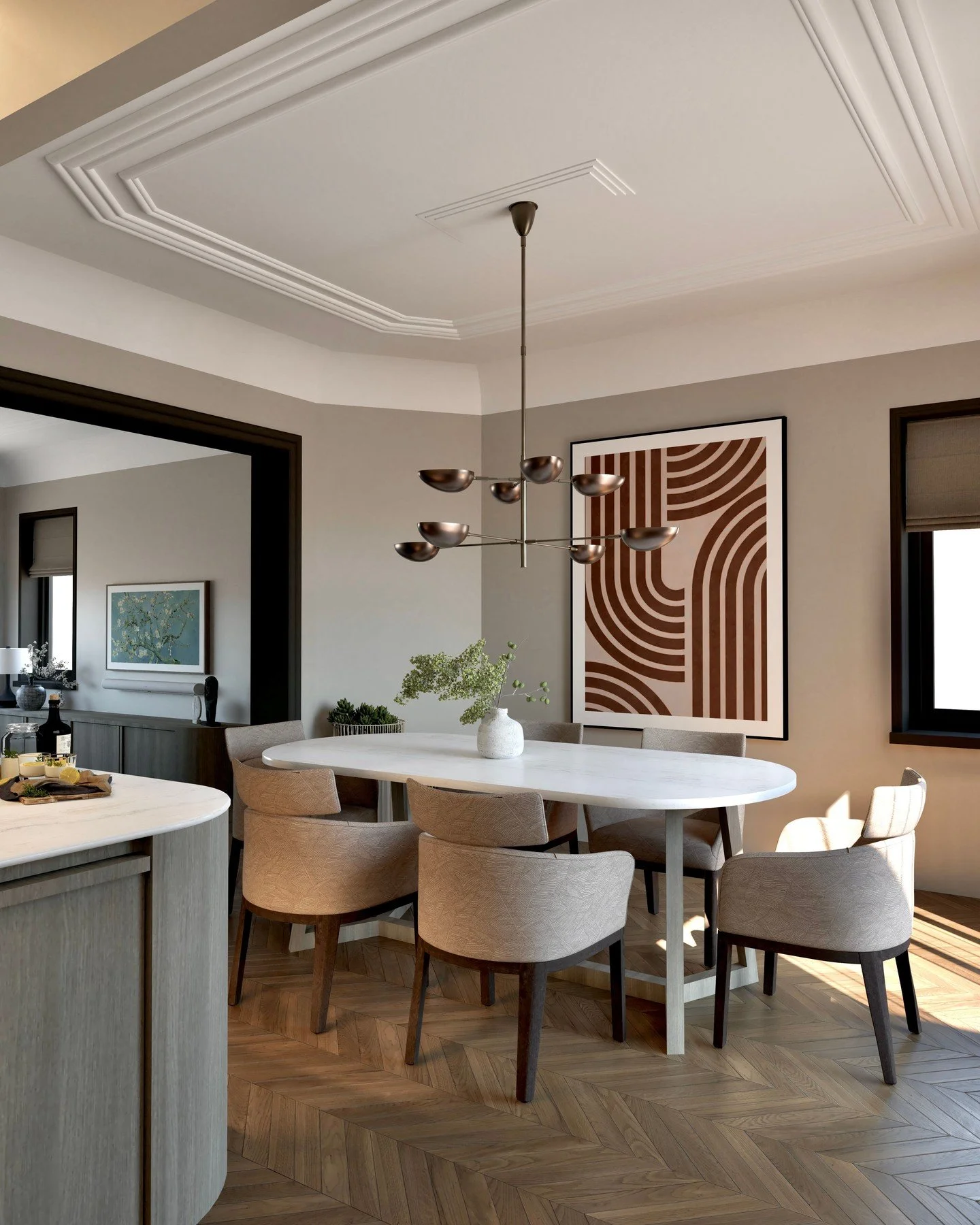 Een plek die rust uitstraalt, maar toch karaktervol blijft. 

Bij het ontwerpen van de keuken konden we de eetkamer natuurlijk niet overslaan.
Het was belangrijk om de originele details uit de jaren 30 te behouden &mdash; en die hebben we zelfs extra