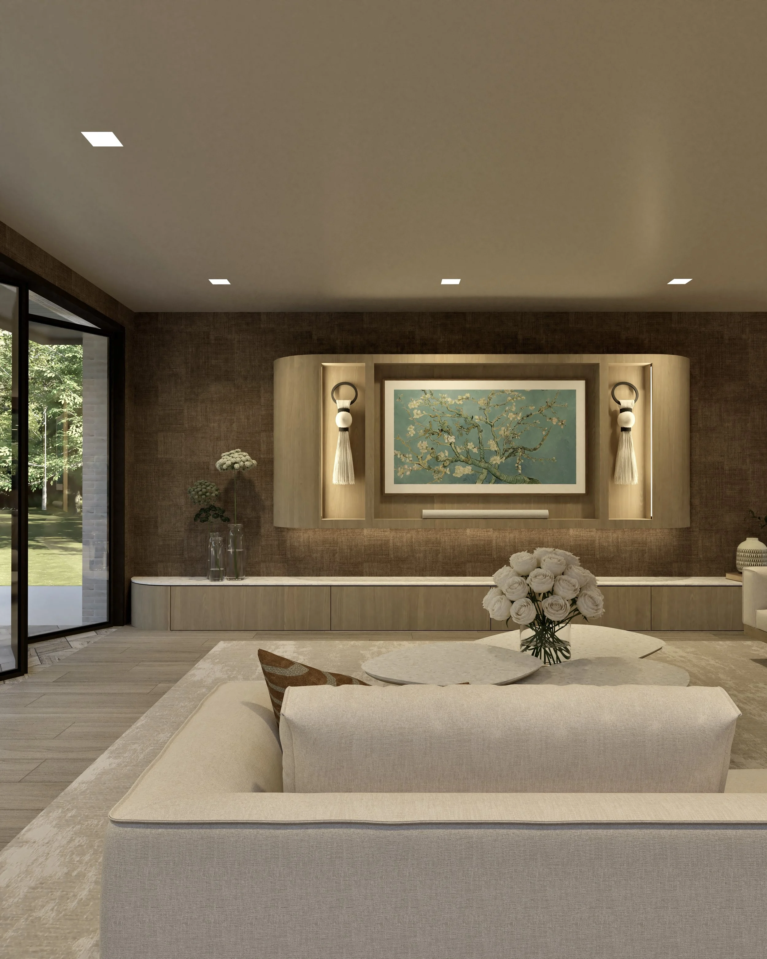 rustige woonkamer met maatwerk wandmeubel, kunst aan de muur en warme natuurlijke materialen in luxe interieur