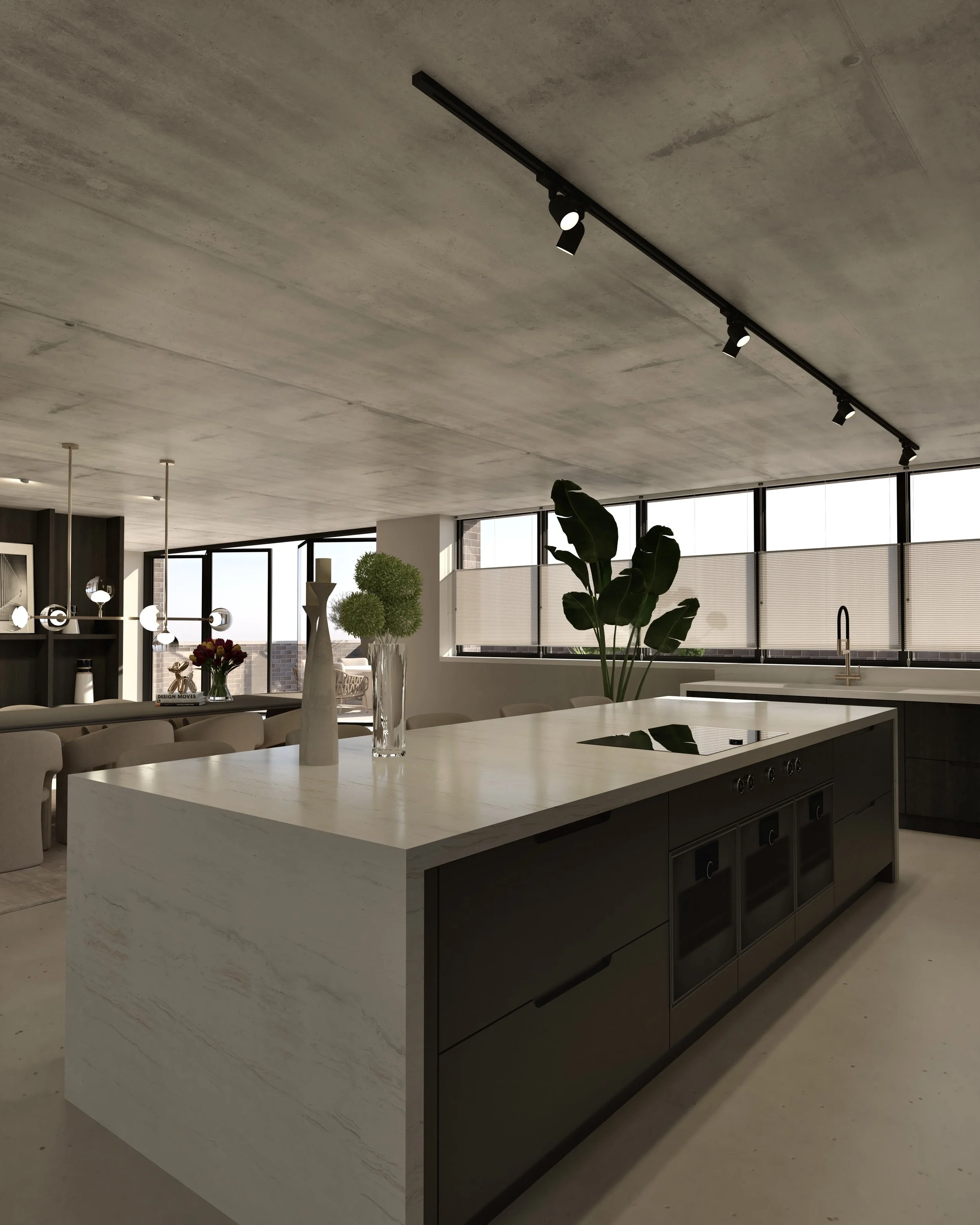 Moderne open keuken met eiland, grote ramen, planten en uitzicht op stadsgezicht.