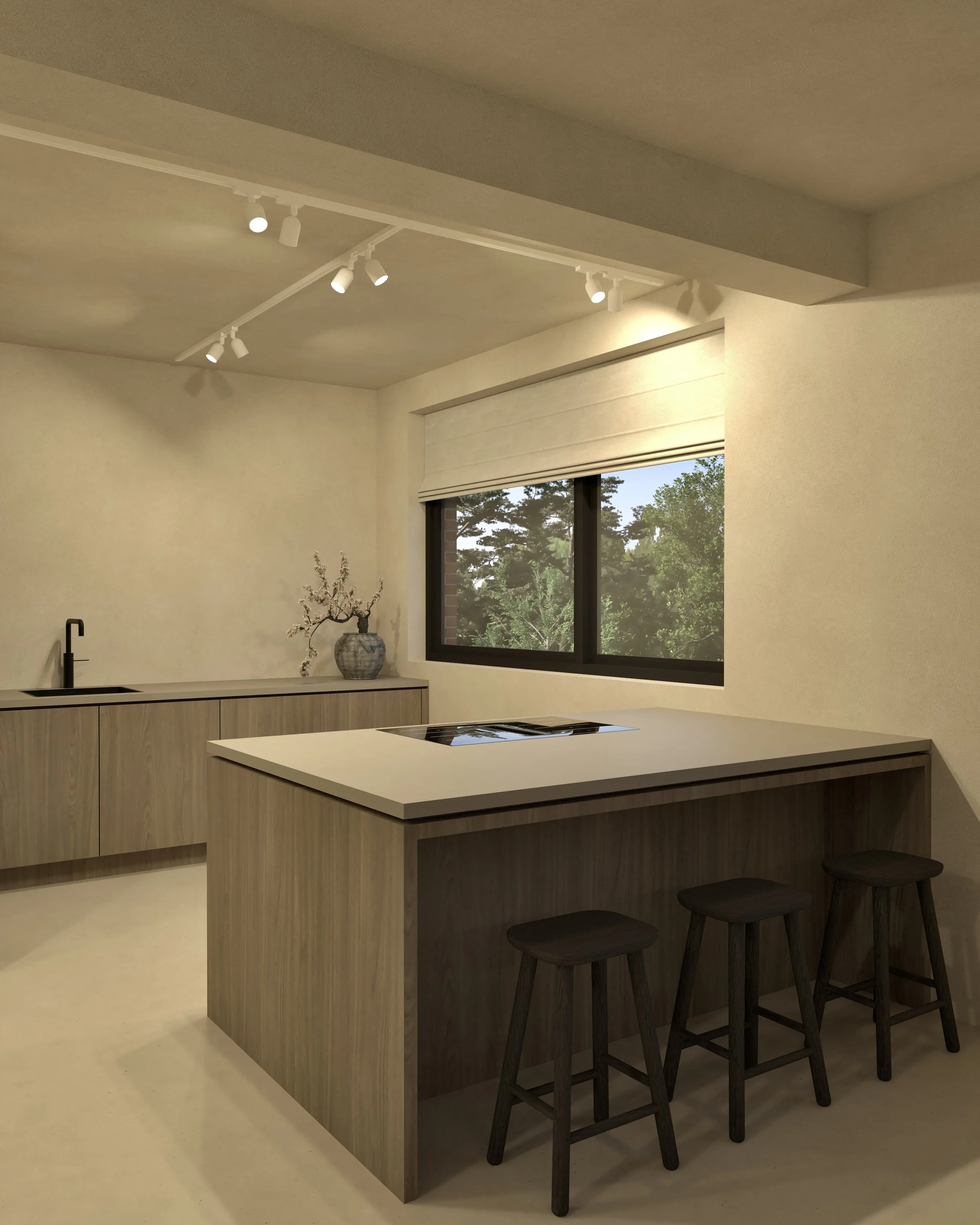 Moderne keuken met houten eethoek, uitzicht op groen buiten, plafondverlichting en raam met luik.