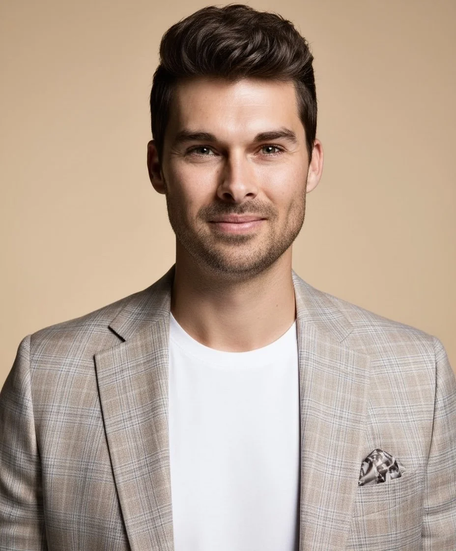 Portret van de eigenaar van MVT Interior Design, Marnix van Tellingen, gekleed in een beige geruite blazer en een witte T-shirt, zittend voor een effen lichtbeige achtergrond.