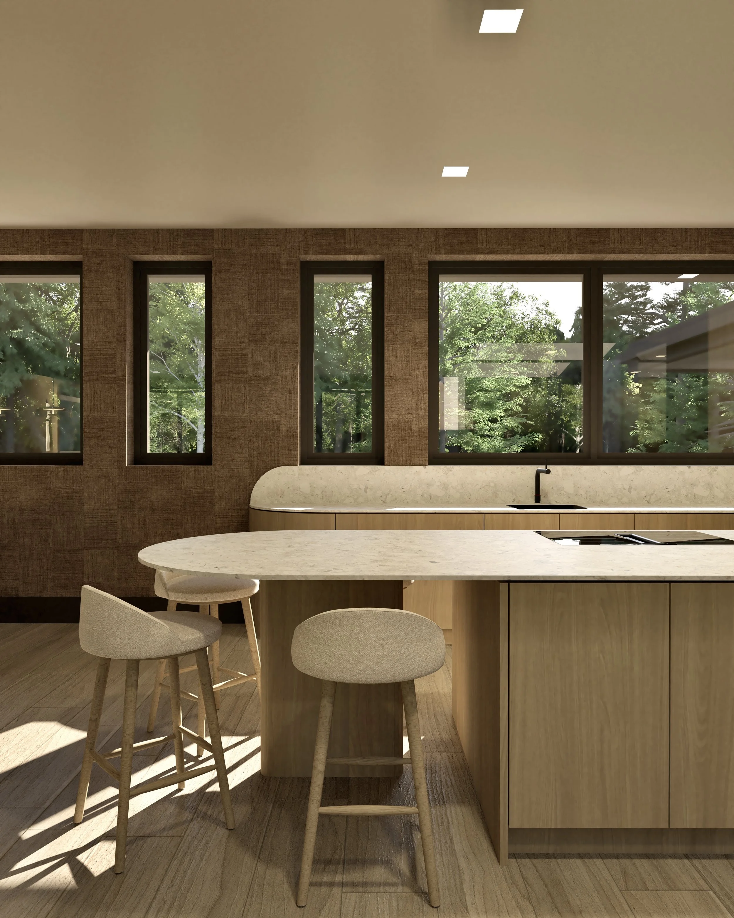 minimalistische keuken met licht houten kasten, natuurstenen werkblad en bar met krukken in warm modern interieur