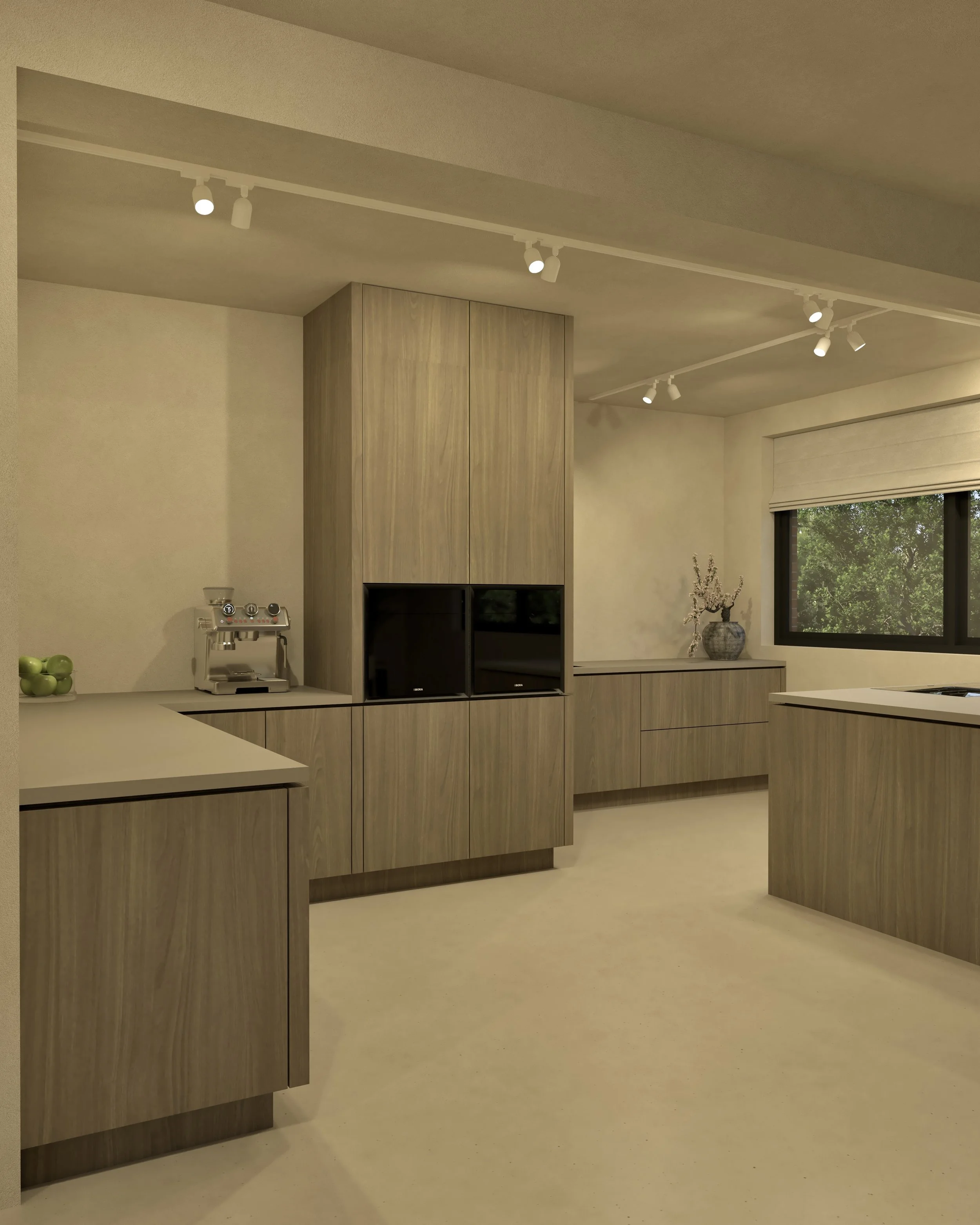 Minimalistische keuken met houten kasten en een raam met uitzicht op groen.