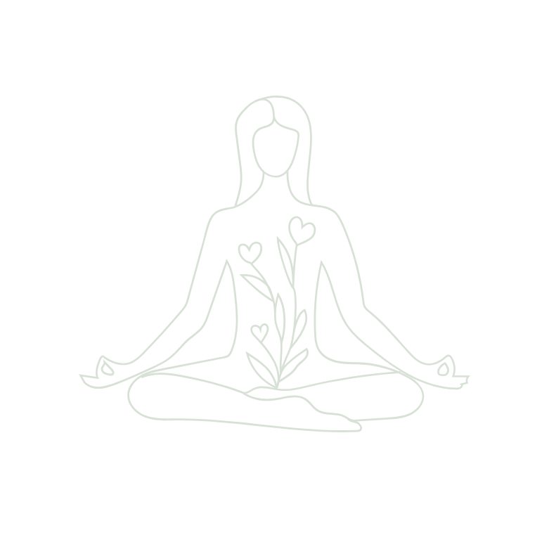 Line drawing of a woman meditating in a cross-legged position with hearts and leaves on her body, set against a black background.