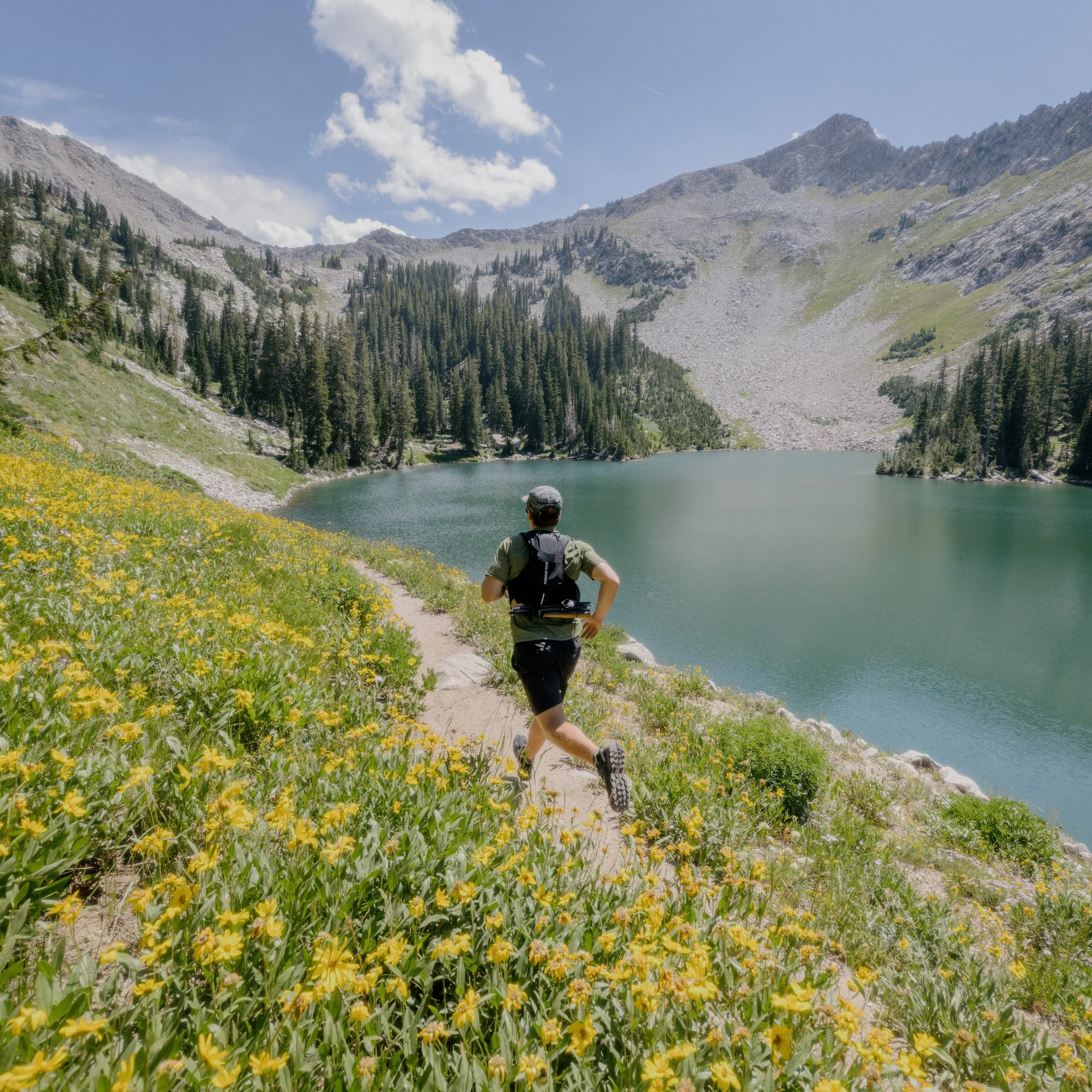 Person trail running along a mountain lake surrounded by yellow wildflowers and evergreen trees under a partly cloudy sky.