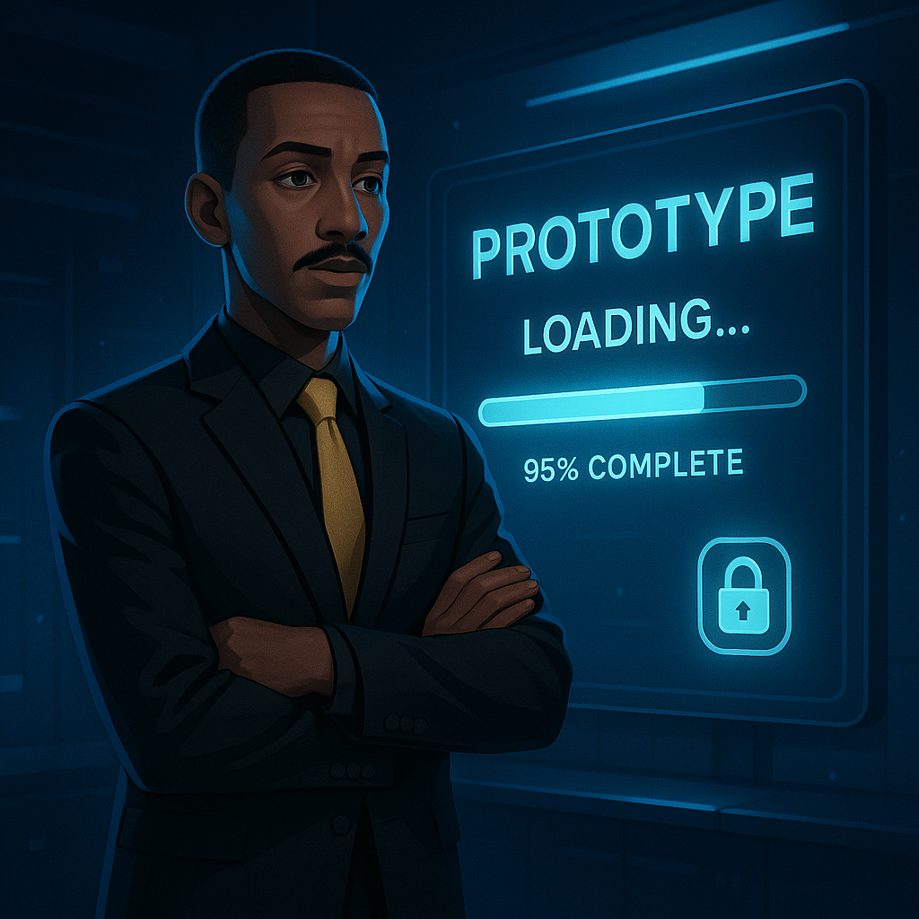 Man standing next to prototype sign