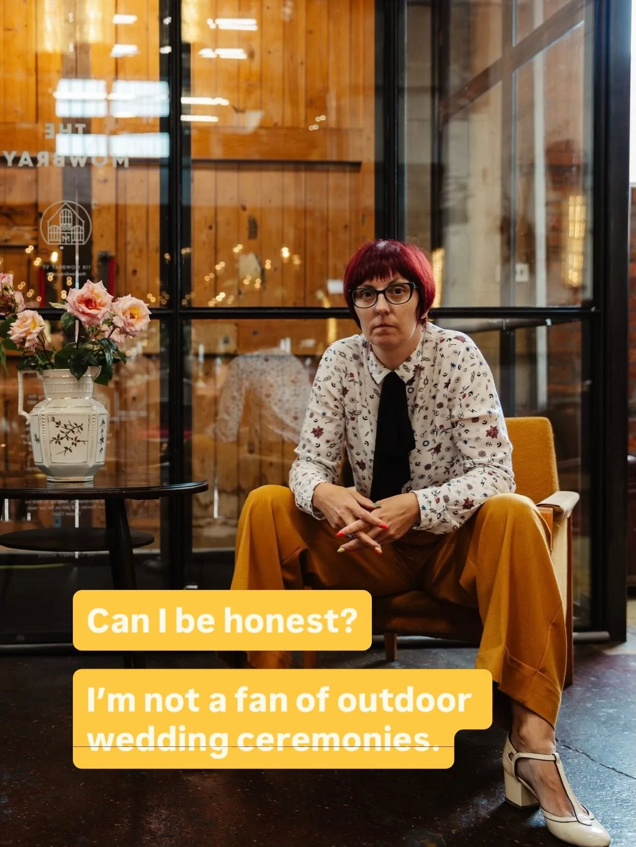 I know this might be controversial. But here&rsquo;s the thing, your wedding ceremony is the one part of your day that you&rsquo;re fully present together.

Comfort matters.
Sound matters.
Feeling relaxed matters. 

Tell me are you team outdoors or c