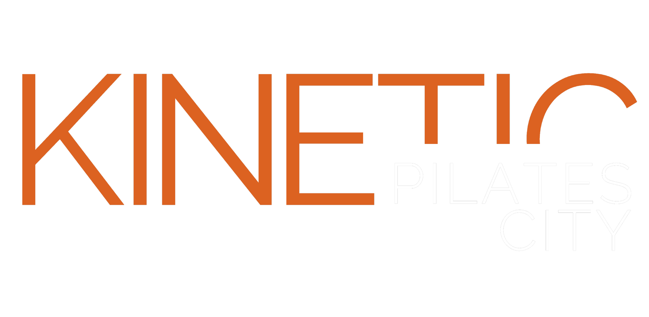 Logo for Kinetic Pilates City with the words 'KINETIC' in orange large letters and 'Pilates City' in smaller white text on a black background.
