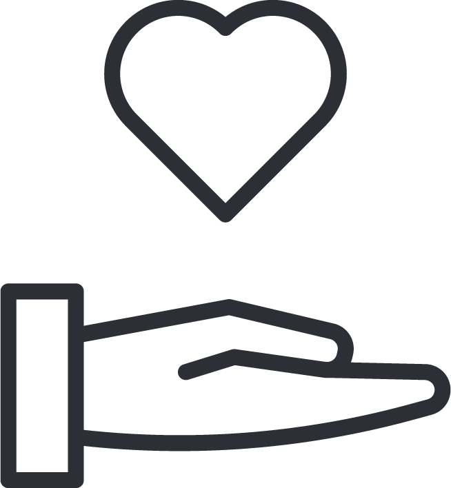 Icon of a heart presented by an outreaching hand, representing Qube’s personalised service and careful delivery approach.