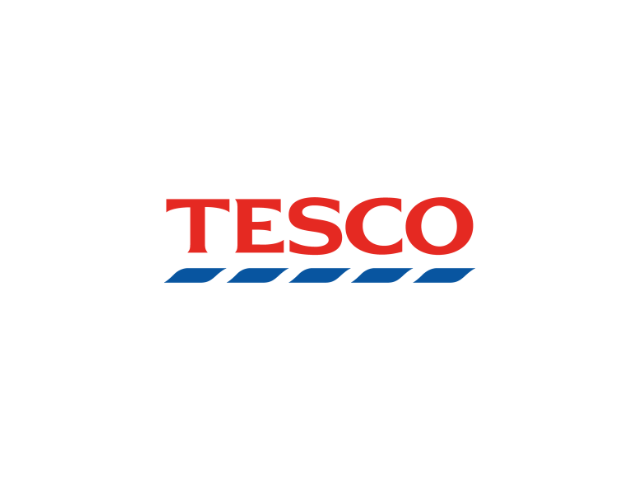 Tesco logo with red text and blue stripes underneath.