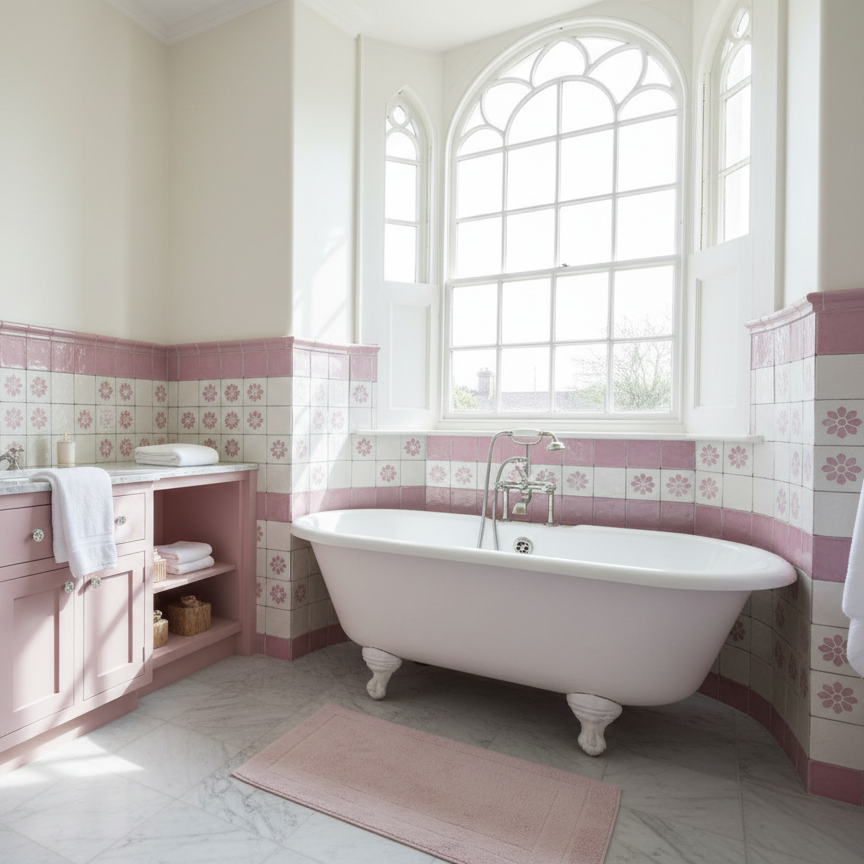 A bathroom featuring a vintage-style clawfoot bathtub beneath large arched windows, with pink and white floral tiles on the walls and a pink vanity with bathroom essentials, a pink rug on the marble floor.