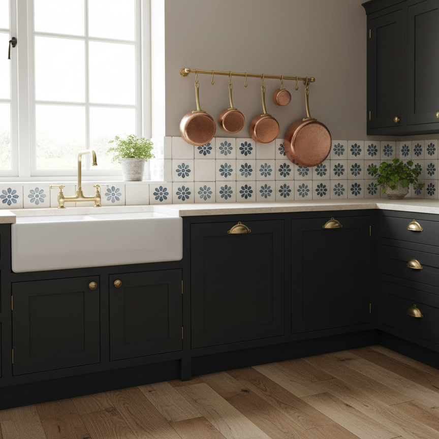 Kitchen with white farmhouse sink, black cabinets with gold hardware, a window with a potted plant on the sill, and copper pots hanging on a gold rail above a tiled backsplash with blue floral patterns, along with a gray wall and hardwood floor.