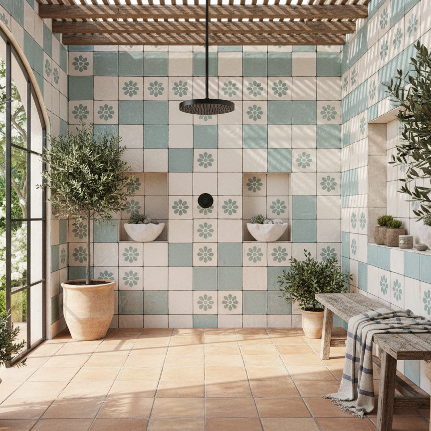 Indoor outdoor shower area with blue and white tiled walls, wooden pergola overhead, potted plants including small trees, and a small wooden bench with a striped towel draped over it.