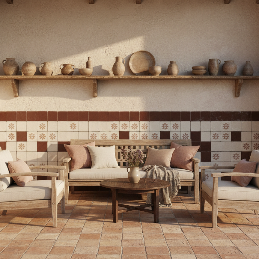 A cozy indoor patio with three wooden sofas and a round coffee table in the center. The sofas have beige and pink cushions. Behind the sofas, there is a tiled wall with a floral pattern and an open shelf with various pottery vases and bowls. A vase w
