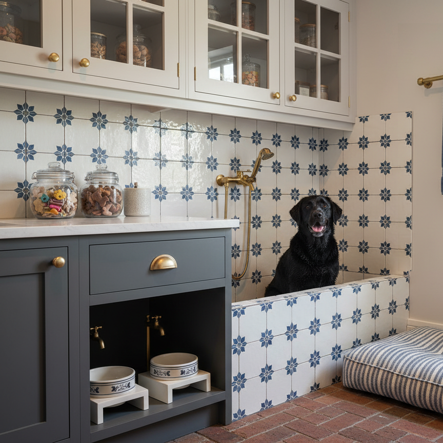 A black dog sitting in a tiled laundry or mudroom, with blue and white patterned tiles, a gray cabinet, glass jars with cookies, and a window with sunlight.