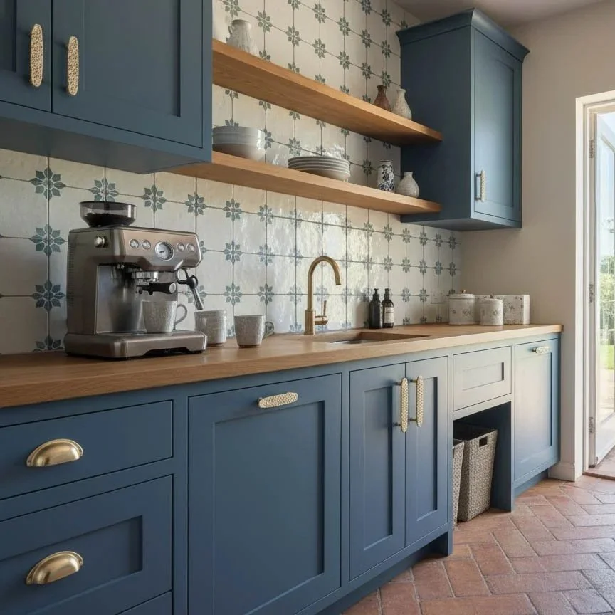 Kitchen with blue cabinets, wooden countertop, open shelf with dishes, tiled backsplash, coffee machine, soap dispensers, and a window
