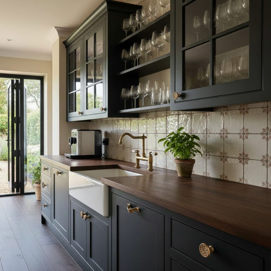 Kitchen with dark gray cabinets, glass-front upper cabinets, a wooden countertop, a white farmhouse sink, a brass faucet, a potted green plant, a coffee machine, beige patterned tile backsplash, and a sliding glass door leading outside.