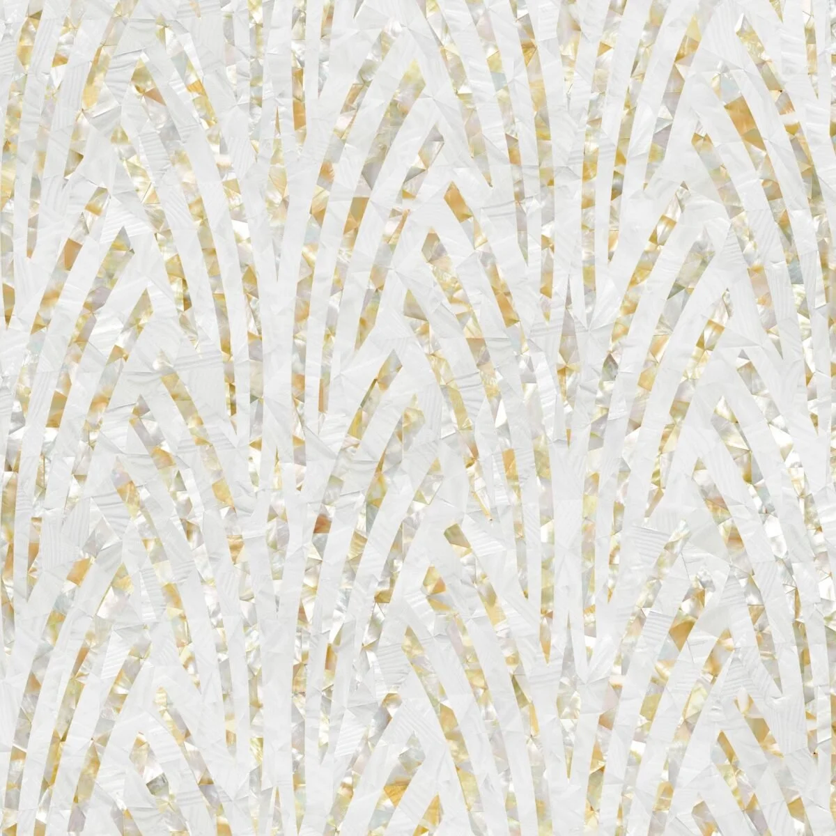 Decorative background with white and gold paper confetti in a leafy pattern.