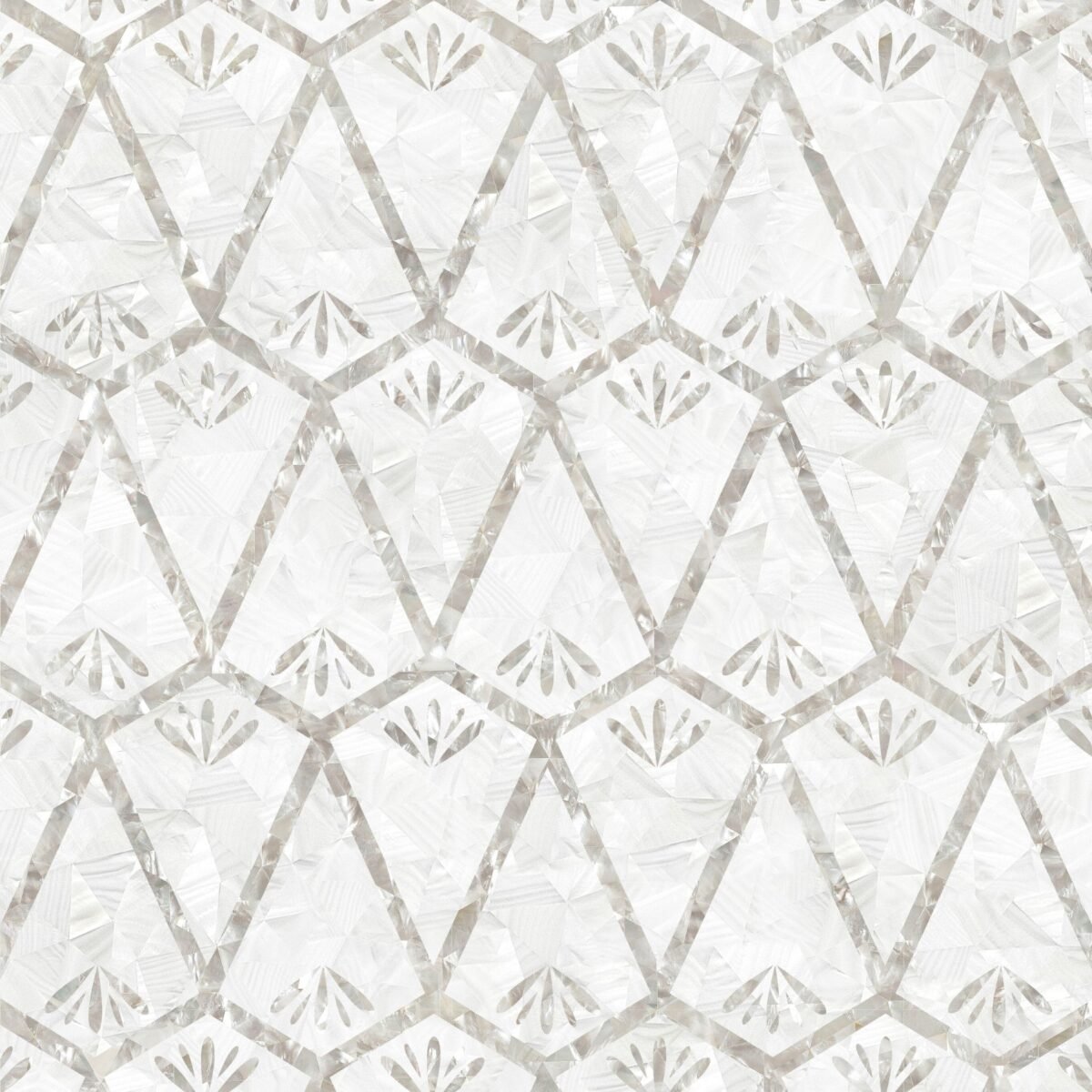 Close-up of a geometric pattern of cut glass or crystal with diamond shapes and floral motifs, creating a reflective and intricate surface.