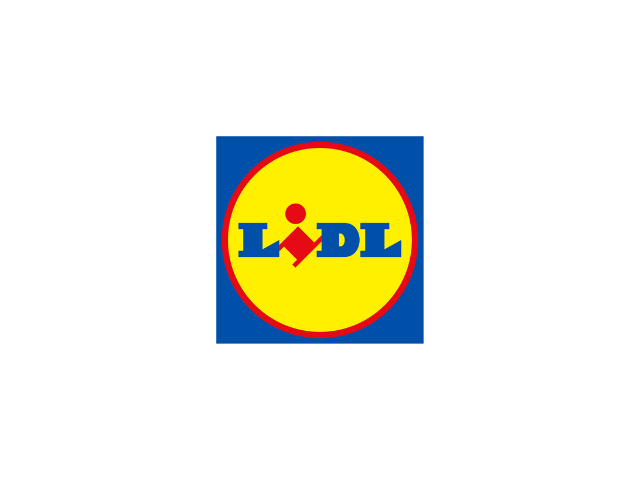Lidl logo with blue background, yellow circle, and red and yellow outlines, featuring the word 'Lidl' in blue letters with a red and yellow stylized figure in the center.